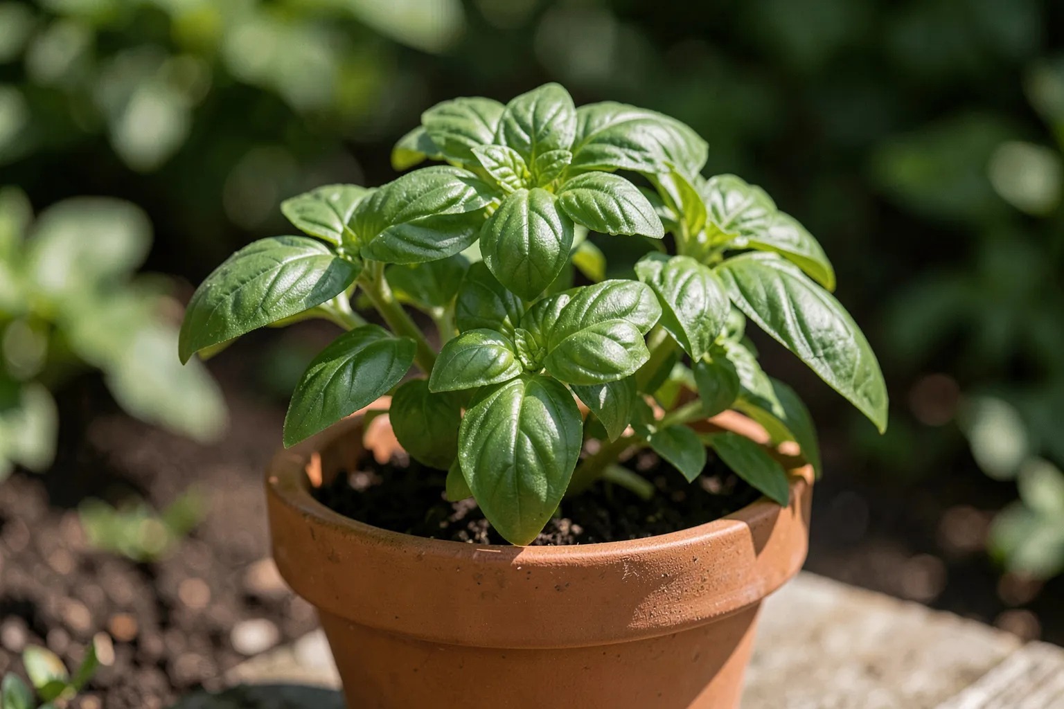 Bazilika (Ocimum basilicum) — ponazoritev rastline — AI prikaz, ustvarila umetna inteligenca.