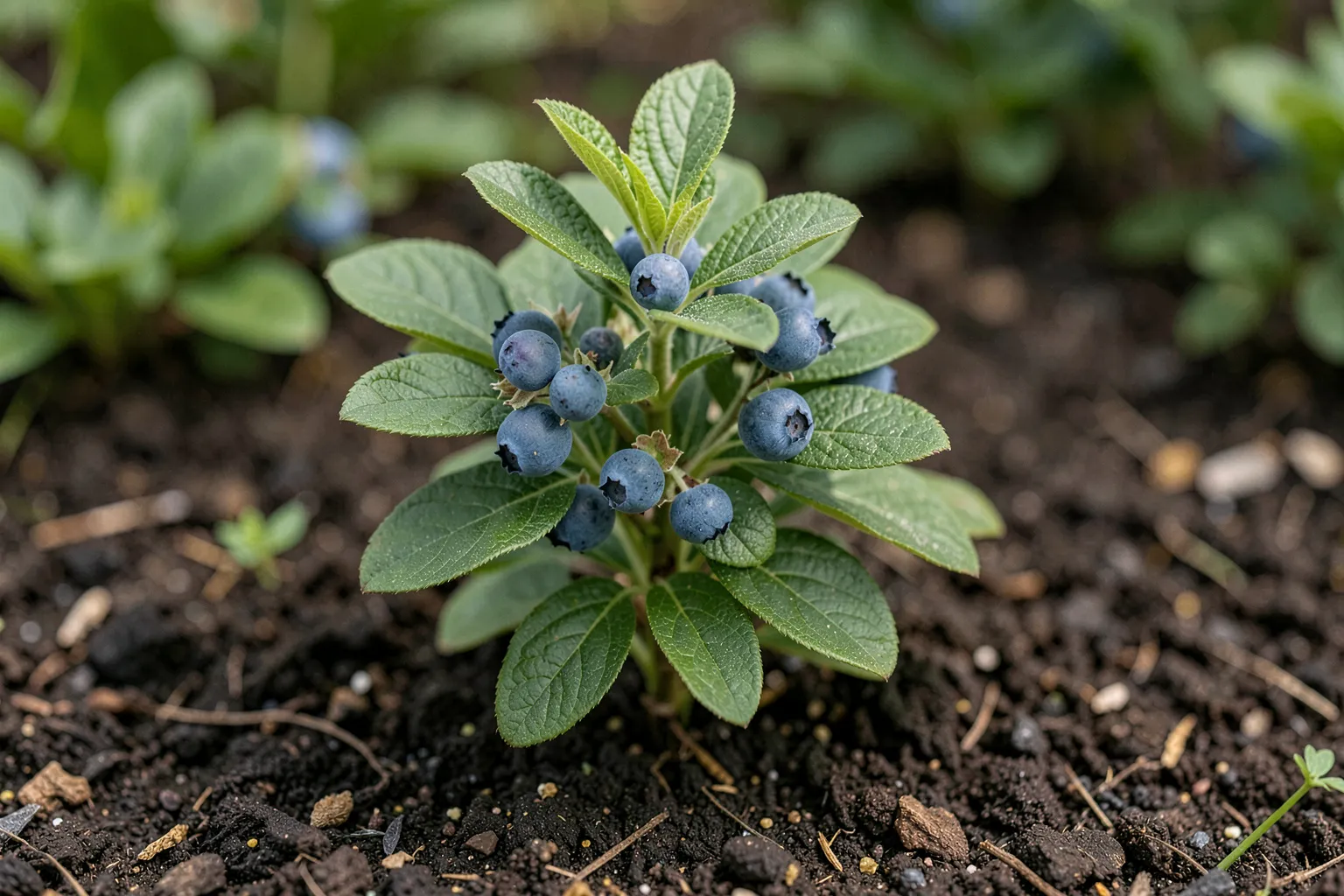 Borovnica (Vaccinium corymbosum) — ponazoritev rastline — AI prikaz, ustvarila umetna inteligenca.