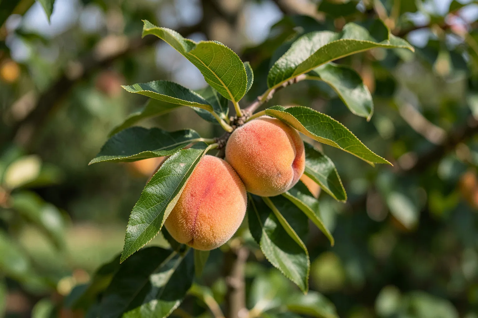 Breskev (Prunus persica) — ponazoritev rastline — AI prikaz, ustvarila umetna inteligenca.