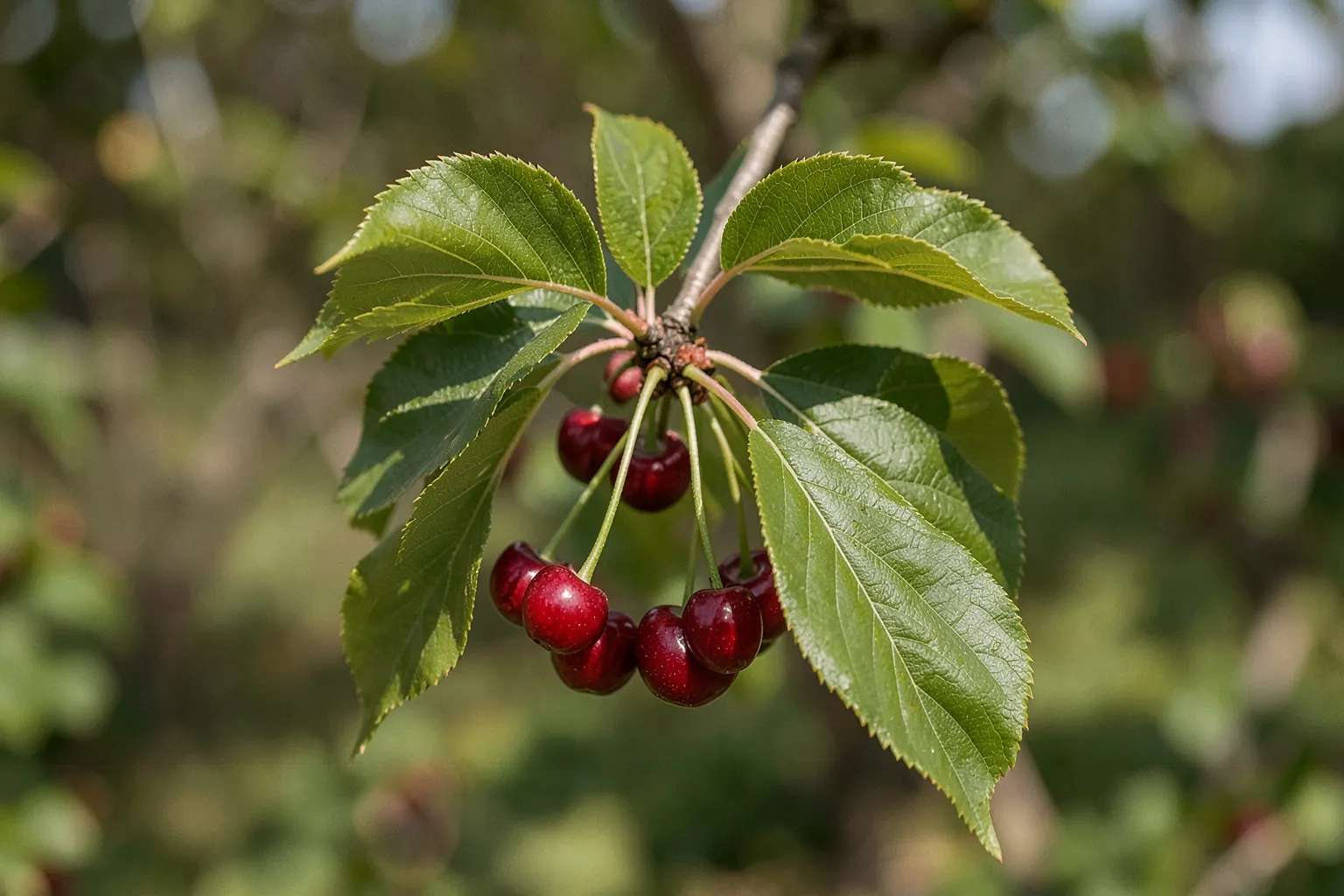 Češnja (Prunus avium) — ponazoritev rastline — AI prikaz, ustvarila umetna inteligenca.