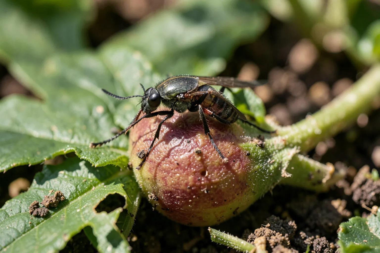Češnjeva muha (Rhagoletis cerasi) — ponazoritev organizma v vrtnem okolju — ilustrativni AI prikaz, ni zanesljiva diagnostična fotografija; ustvarila umetna inteligenca.