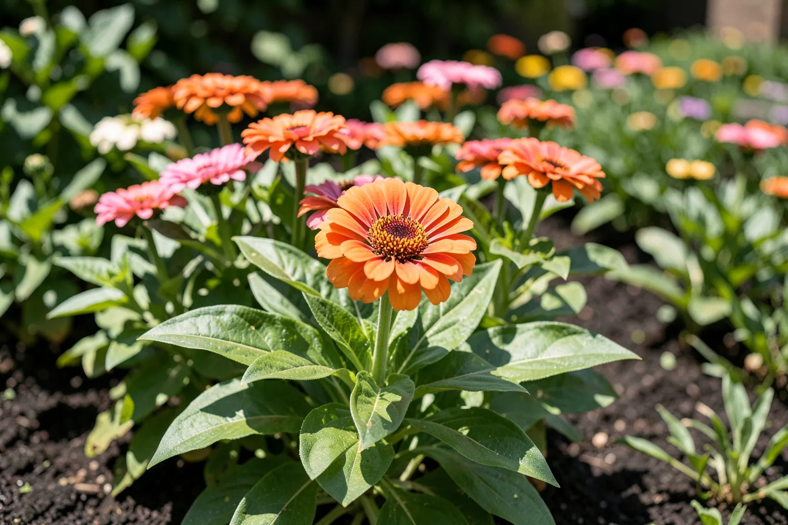 Cinija (Zinnia elegans) — ponazoritev rastline — AI prikaz, ustvarila umetna inteligenca.