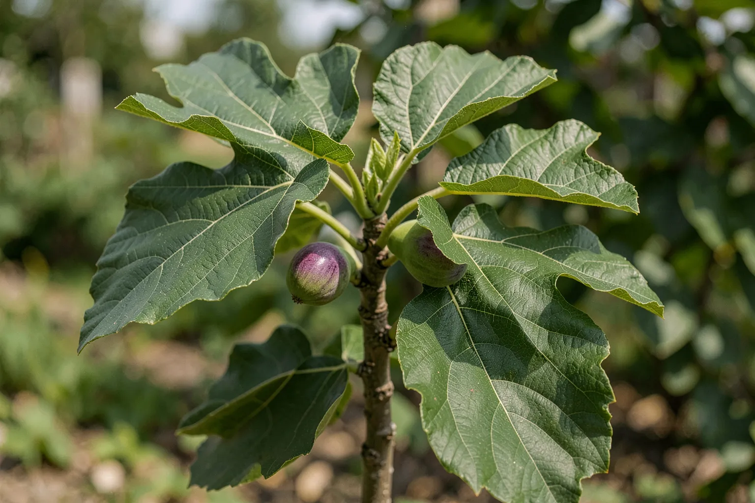 Figa (Ficus carica) — ponazoritev rastline — AI prikaz, ustvarila umetna inteligenca.