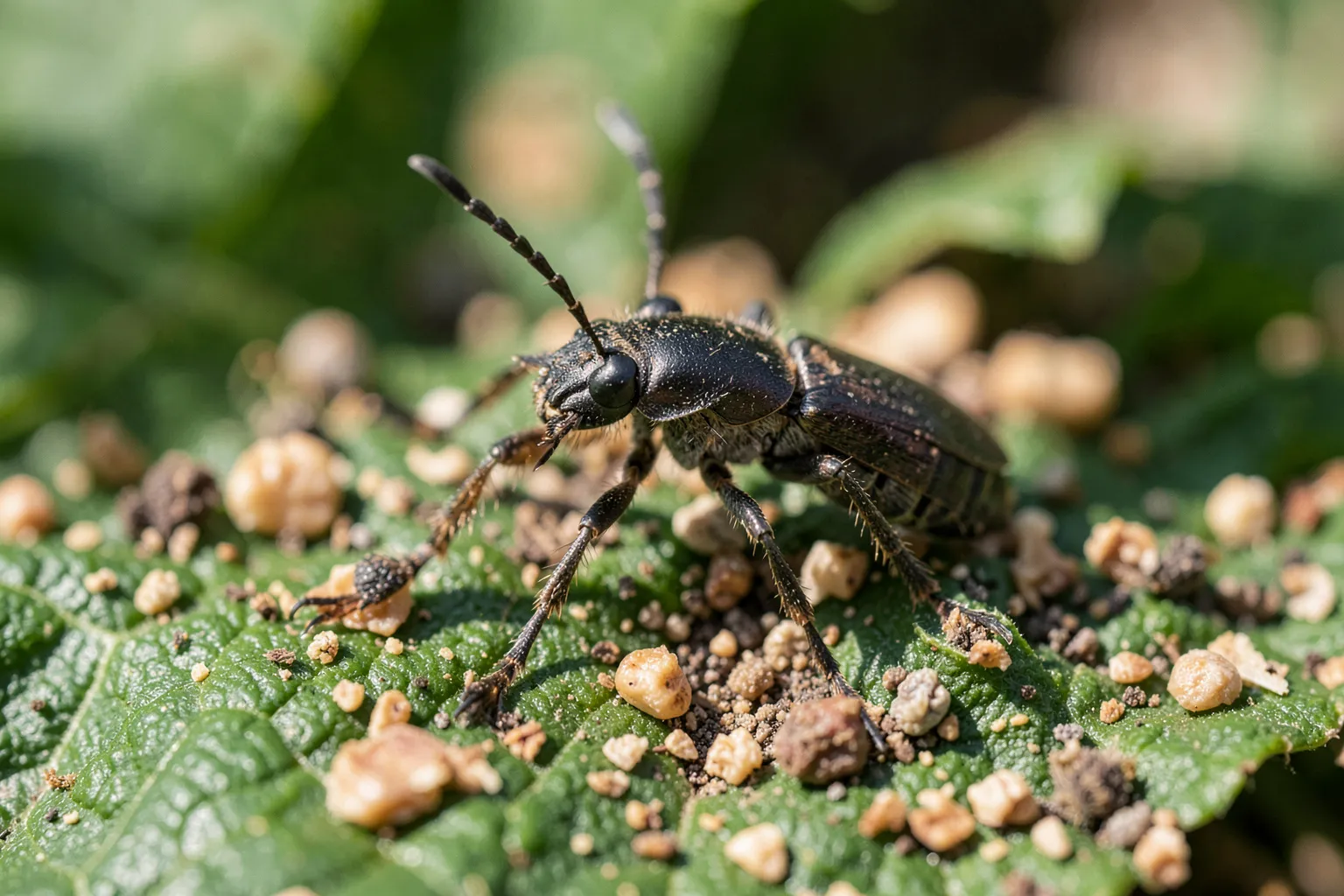 Fižolov žižek (Acanthoscelides obtectus) — ponazoritev organizma v vrtnem okolju — ilustrativni AI prikaz, ni zanesljiva diagnostična fotografija; ustvarila umetna inteligenca.