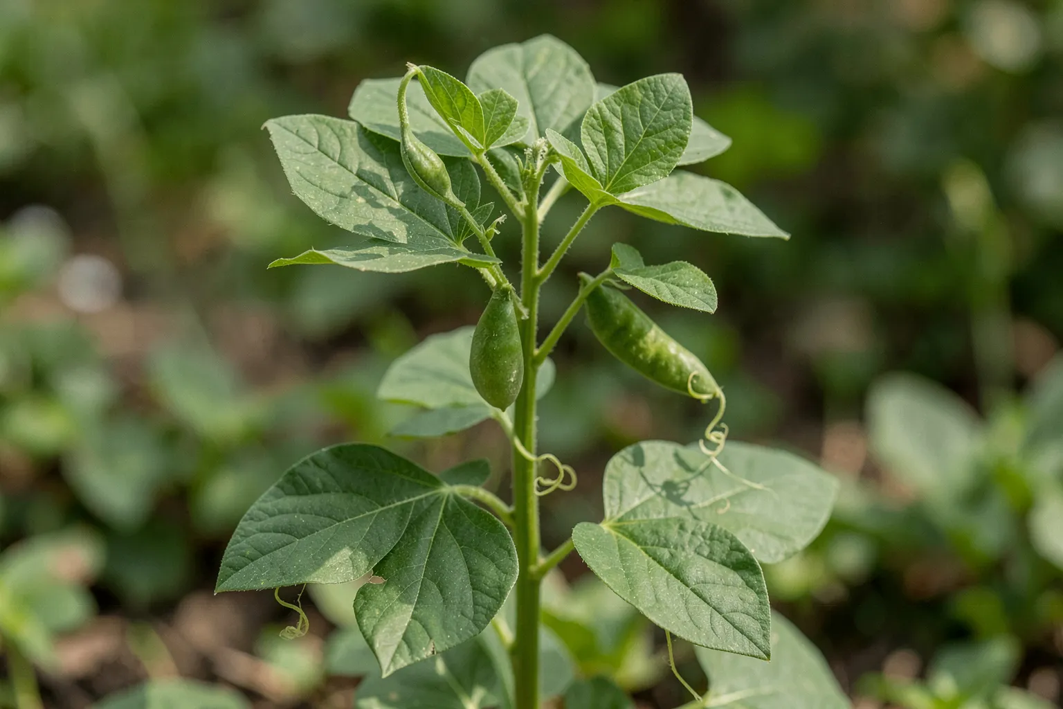 Grah (Pisum sativum) — ponazoritev rastline — AI prikaz, ustvarila umetna inteligenca.