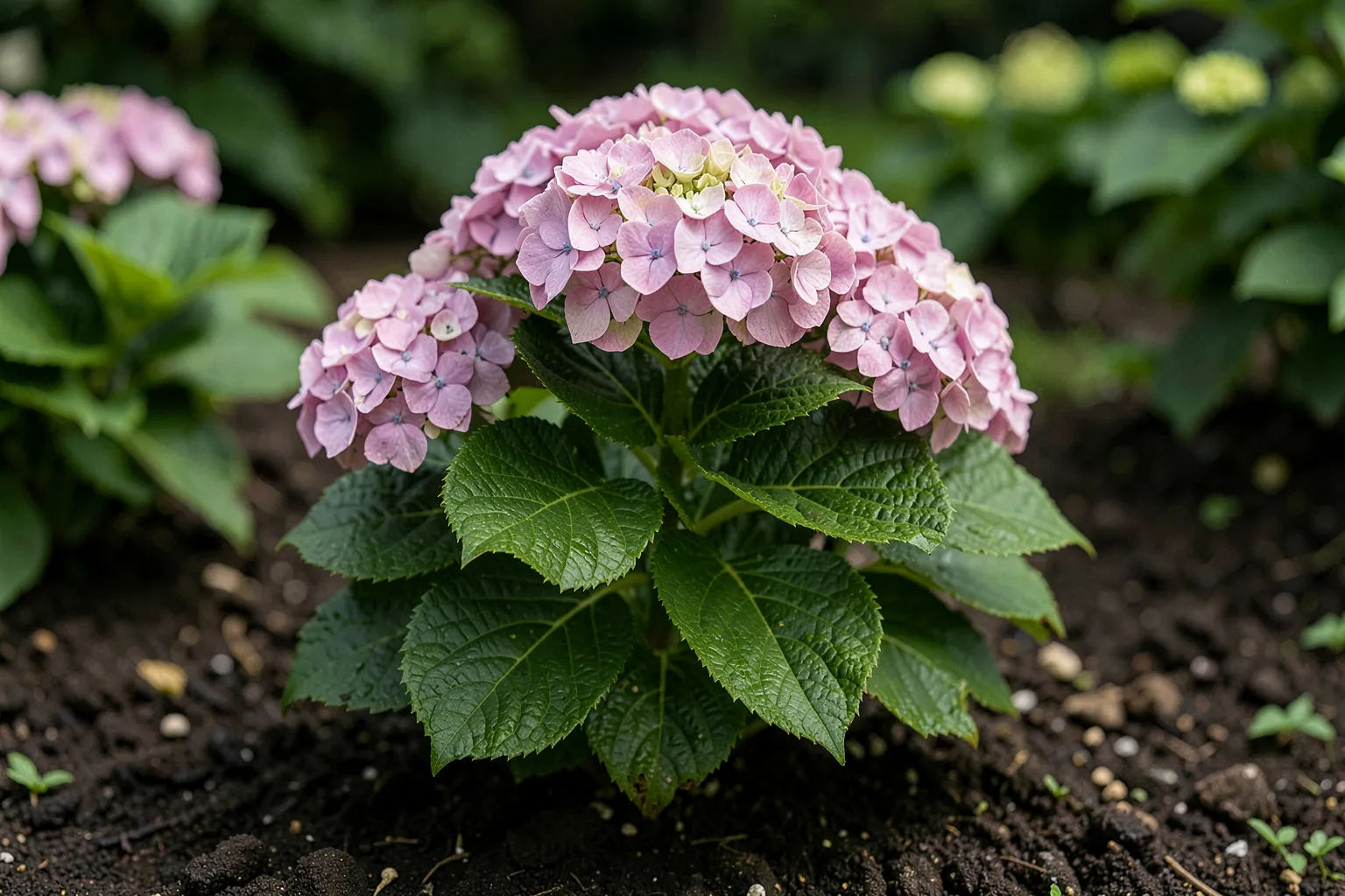 Hortenzija (Hydrangea macrophylla) — ponazoritev rastline — AI prikaz, ustvarila umetna inteligenca.