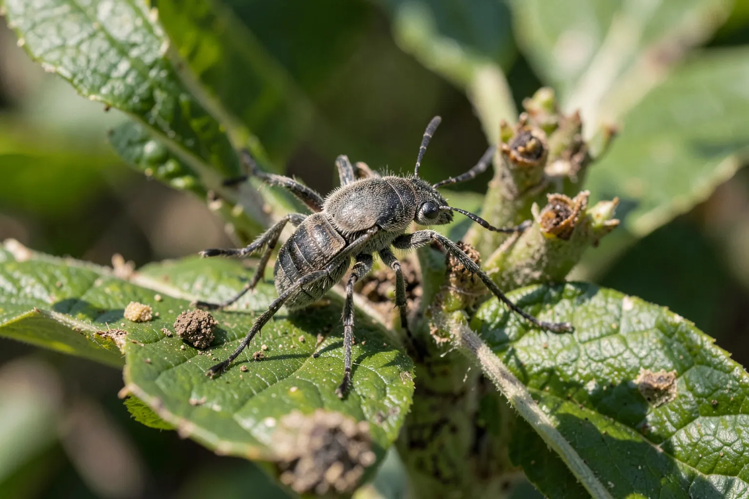 Jabolčni cvetojed (Anthonomus pomorum) — ponazoritev organizma v vrtnem okolju — ilustrativni AI prikaz, ni zanesljiva diagnostična fotografija; ustvarila umetna inteligenca.