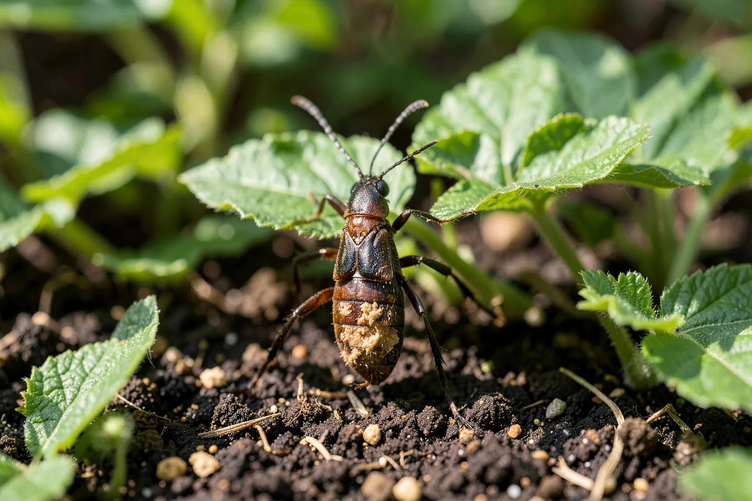 Jagodni cvetožer (Anthonomus rubi) — ponazoritev organizma v vrtnem okolju — ilustrativni AI prikaz, ni zanesljiva diagnostična fotografija; ustvarila umetna inteligenca.