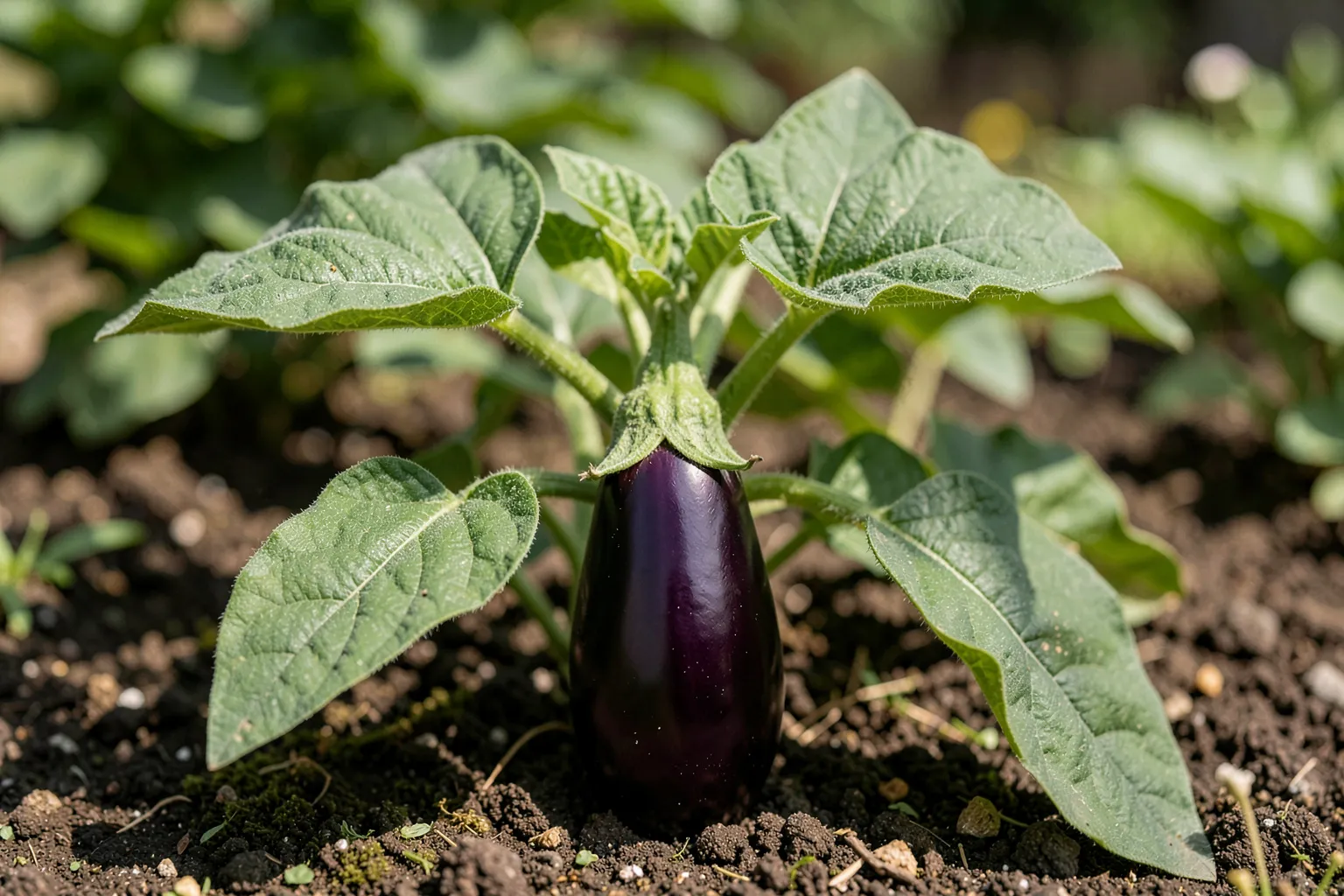 Jajčevec (Solanum melongena) — ponazoritev rastline — AI prikaz, ustvarila umetna inteligenca.