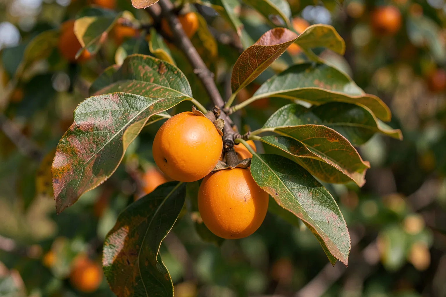 Kaki (Diospyros kaki) — ponazoritev rastline — AI prikaz, ustvarila umetna inteligenca.