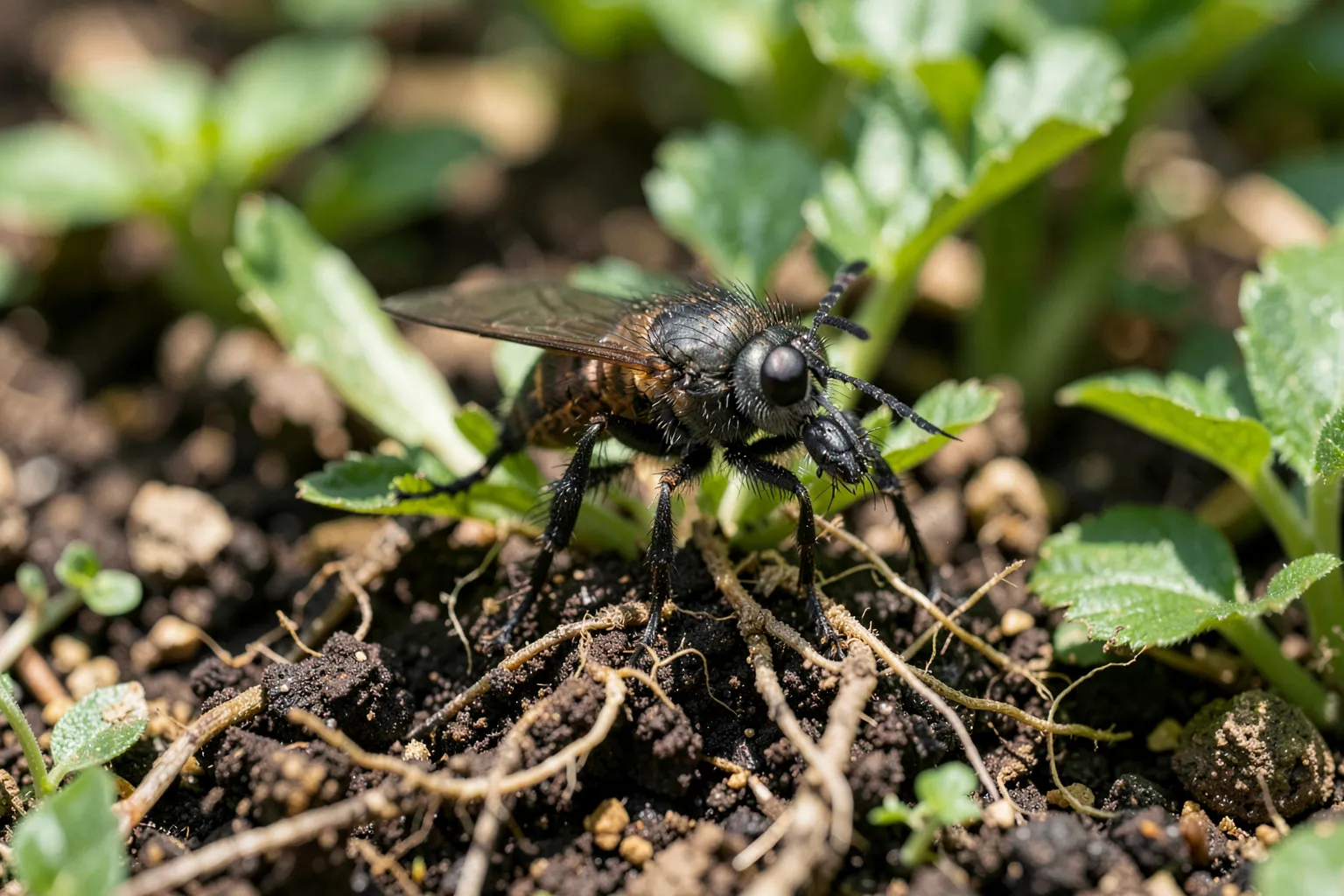 Kapusna muha (Delia radicum) — ponazoritev organizma v vrtnem okolju — ilustrativni AI prikaz, ni zanesljiva diagnostična fotografija; ustvarila umetna inteligenca.