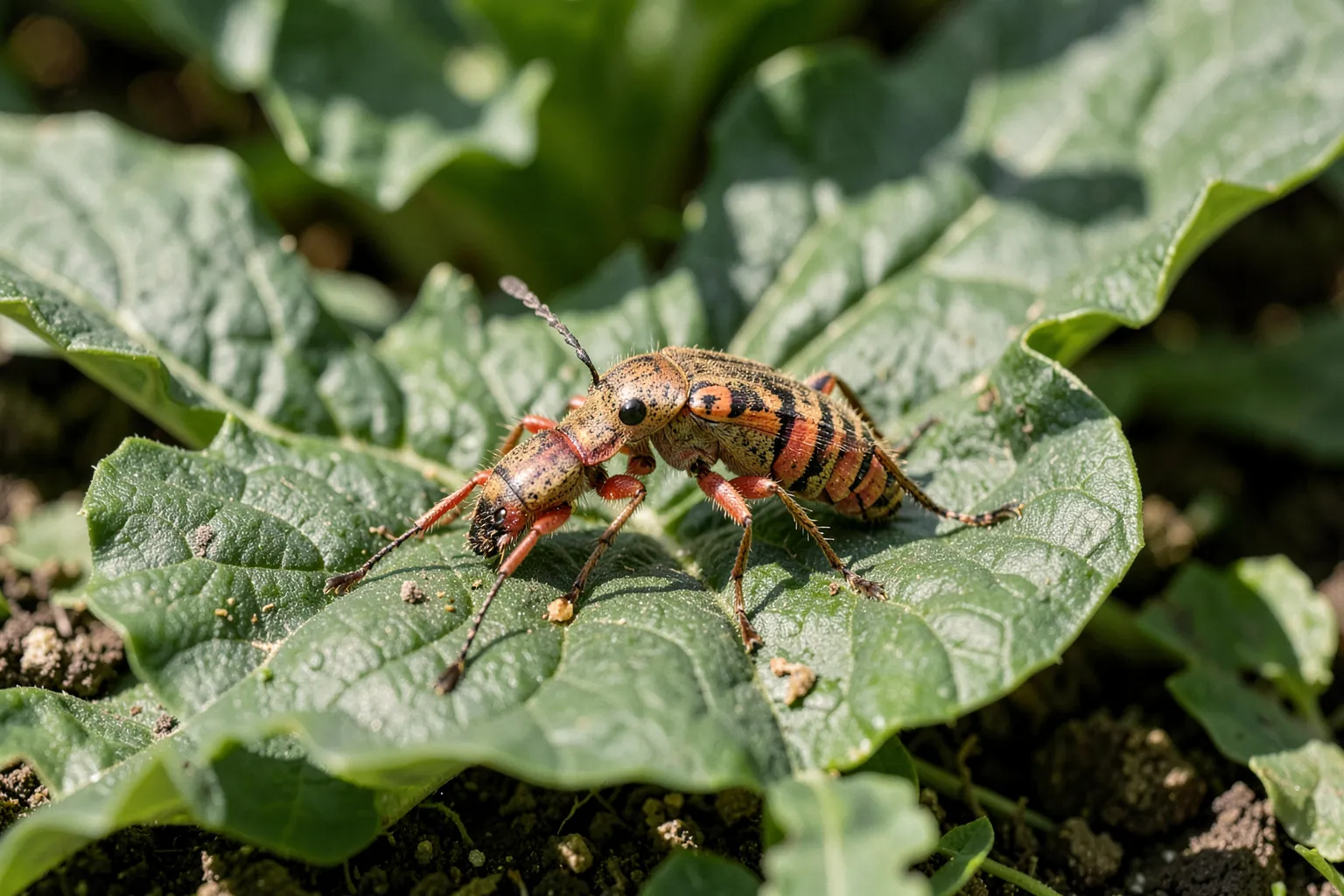 Koloradski hrošč (Leptinotarsa decemlineata) — ponazoritev organizma v vrtnem okolju — ilustrativni AI prikaz, ni zanesljiva diagnostična fotografija; ustvarila umetna inteligenca.