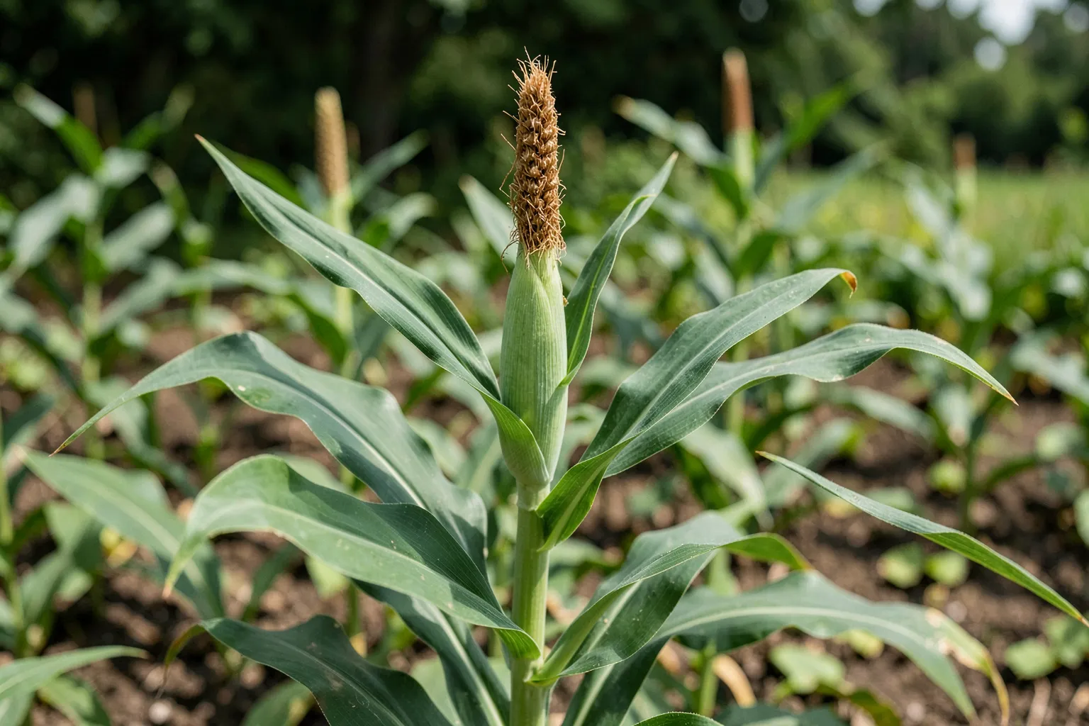 Koruza (Zea mays) — ponazoritev rastline — AI prikaz, ustvarila umetna inteligenca.