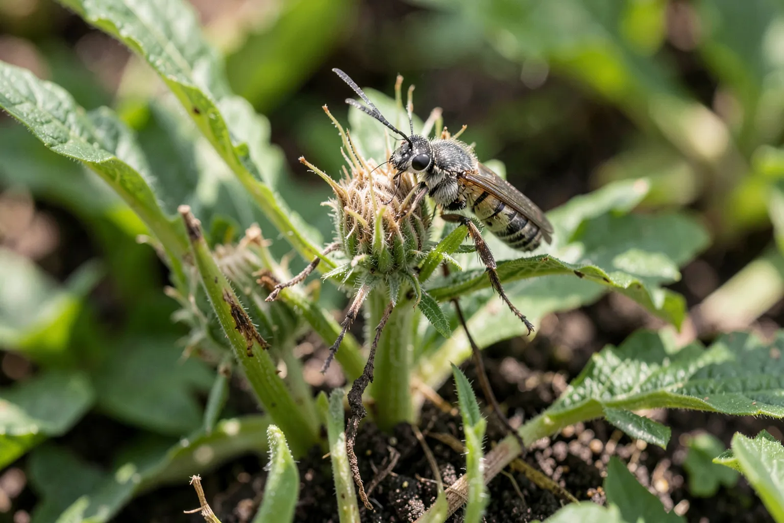 Koruzna vešča (Ostrinia nubilalis) — ponazoritev organizma v vrtnem okolju — ilustrativni AI prikaz, ni zanesljiva diagnostična fotografija; ustvarila umetna inteligenca.