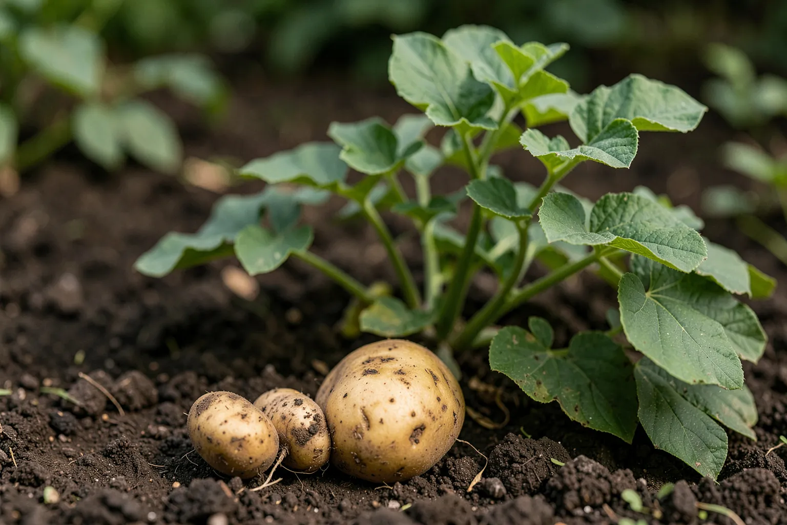Krompir (Solanum tuberosum) — ponazoritev rastline — AI prikaz, ustvarila umetna inteligenca.