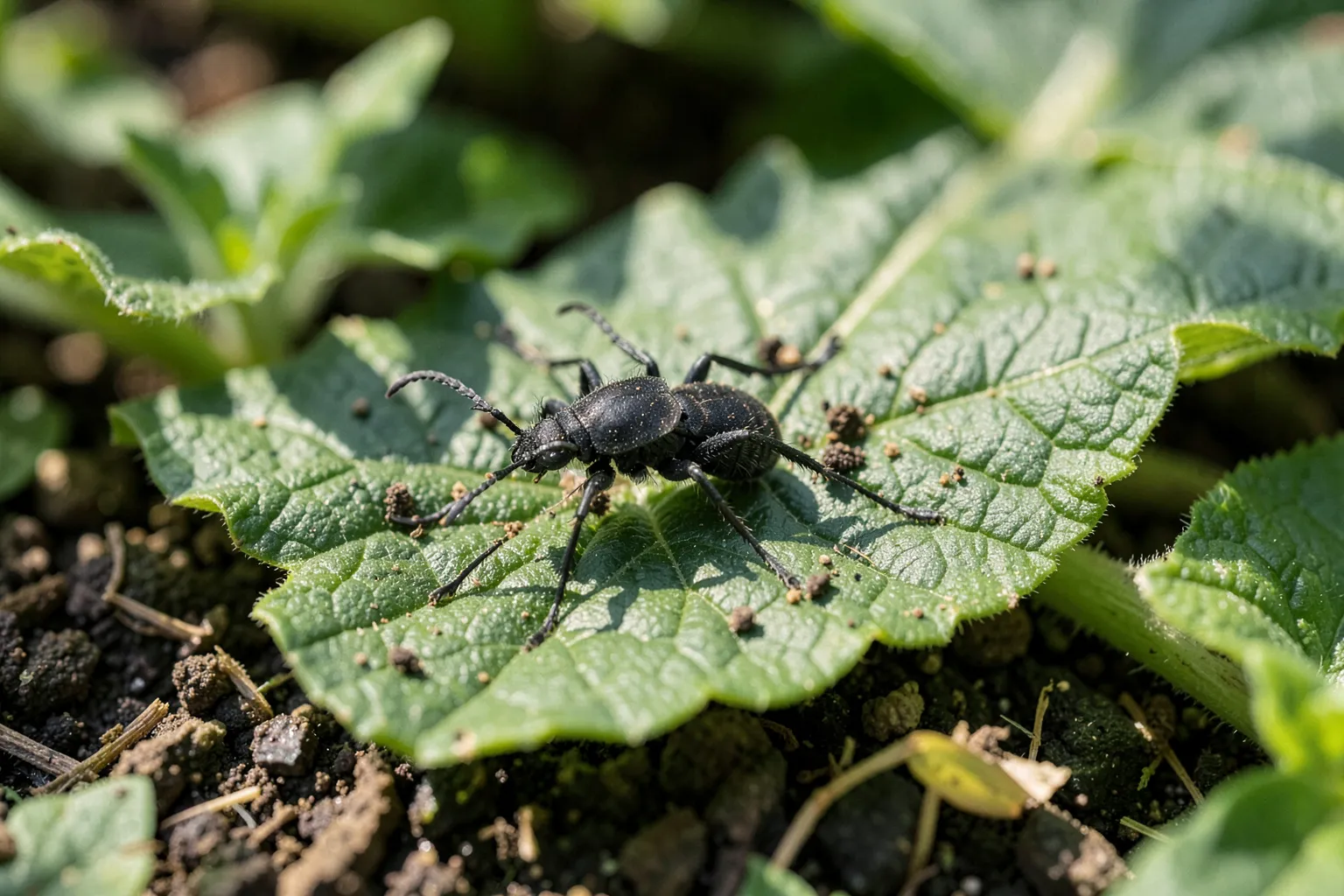 Kupusna bolha (Phyllotreta spp.) — ponazoritev organizma v vrtnem okolju — ilustrativni AI prikaz, ni zanesljiva diagnostična fotografija; ustvarila umetna inteligenca.