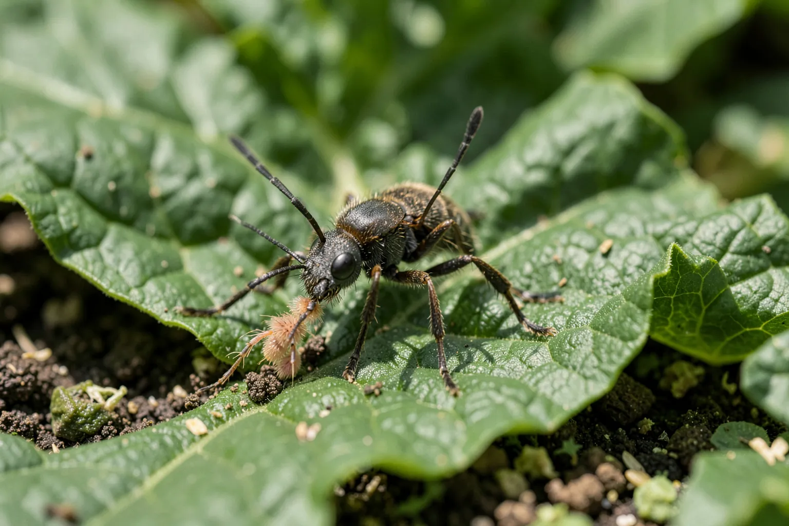 Kapusna stenica (Eurydema oleracea) — ponazoritev organizma v vrtnem okolju — ilustrativni AI prikaz, ni zanesljiva diagnostična fotografija; ustvarila umetna inteligenca.