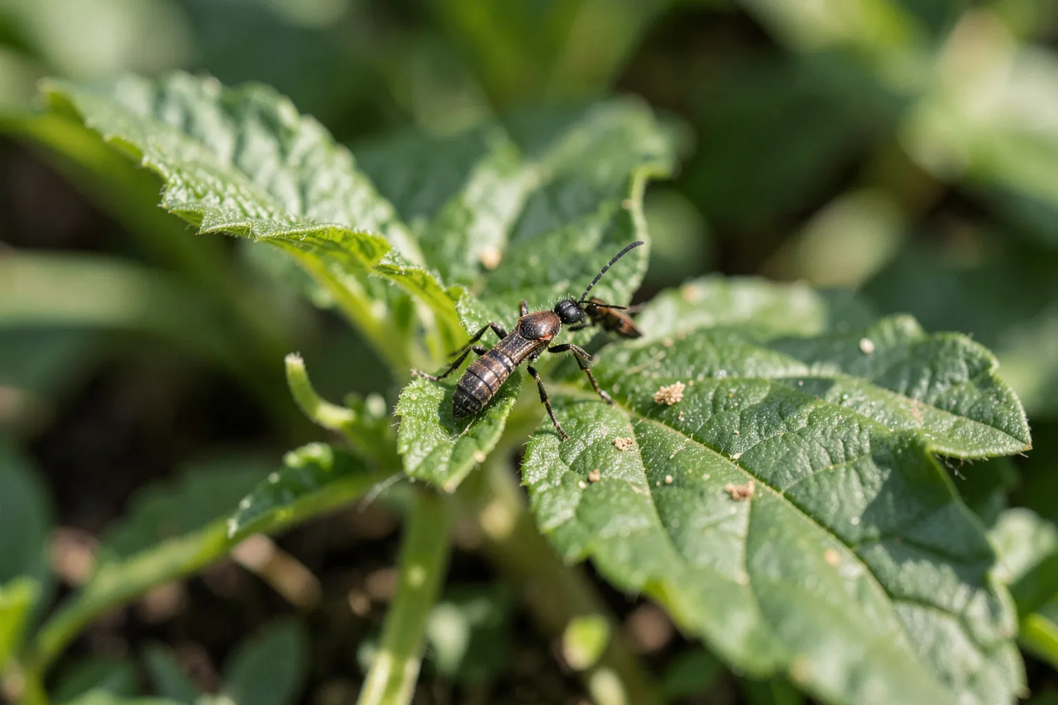 Listne uši (Aphididae) — ponazoritev organizma v vrtnem okolju — ilustrativni AI prikaz, ni zanesljiva diagnostična fotografija; ustvarila umetna inteligenca.