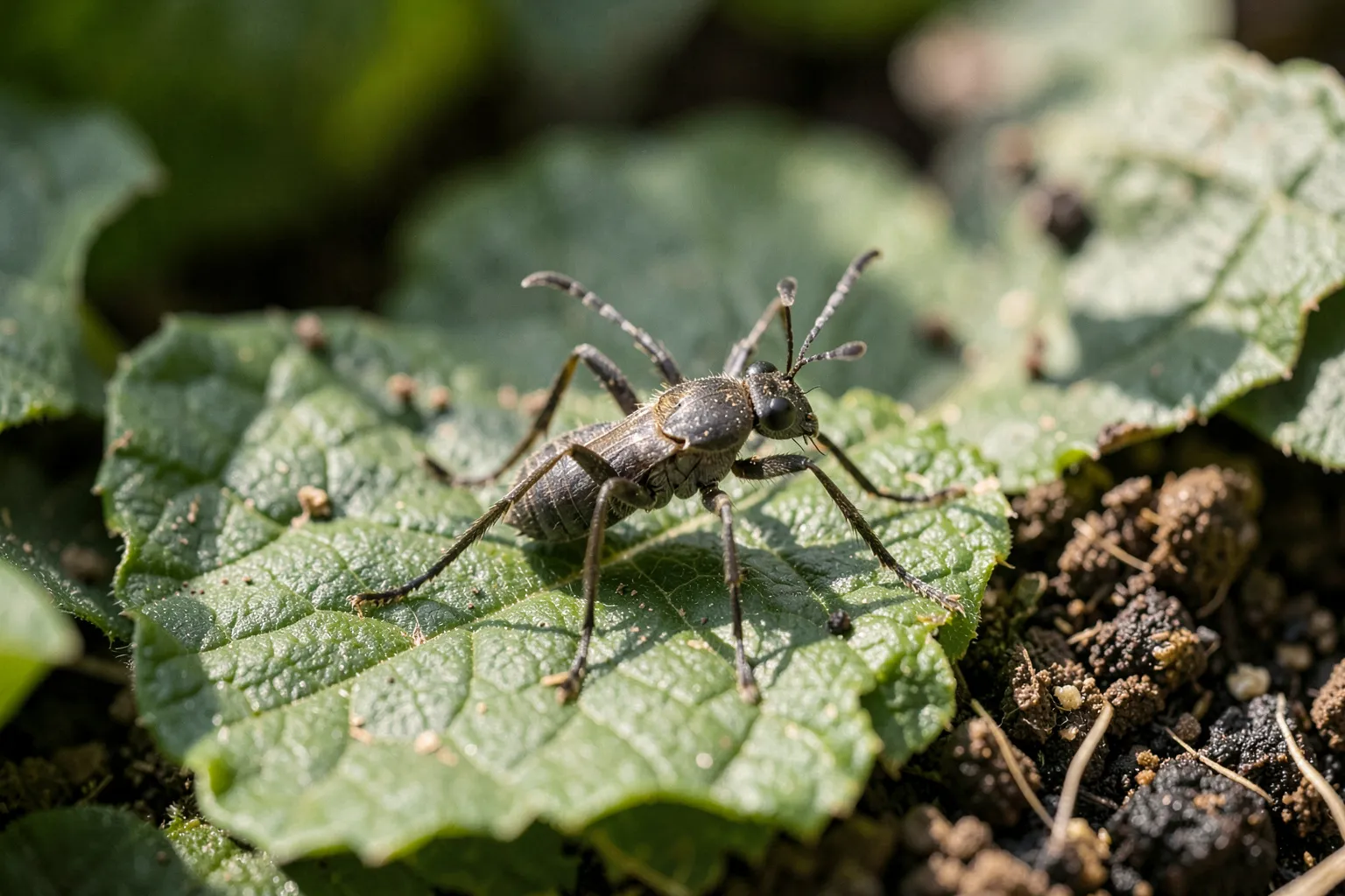 Listni zavrtači (Liriomyza spp., Pegomya spp.) — ponazoritev organizma v vrtnem okolju — ilustrativni AI prikaz, ni zanesljiva diagnostična fotografija; ustvarila umetna inteligenca.