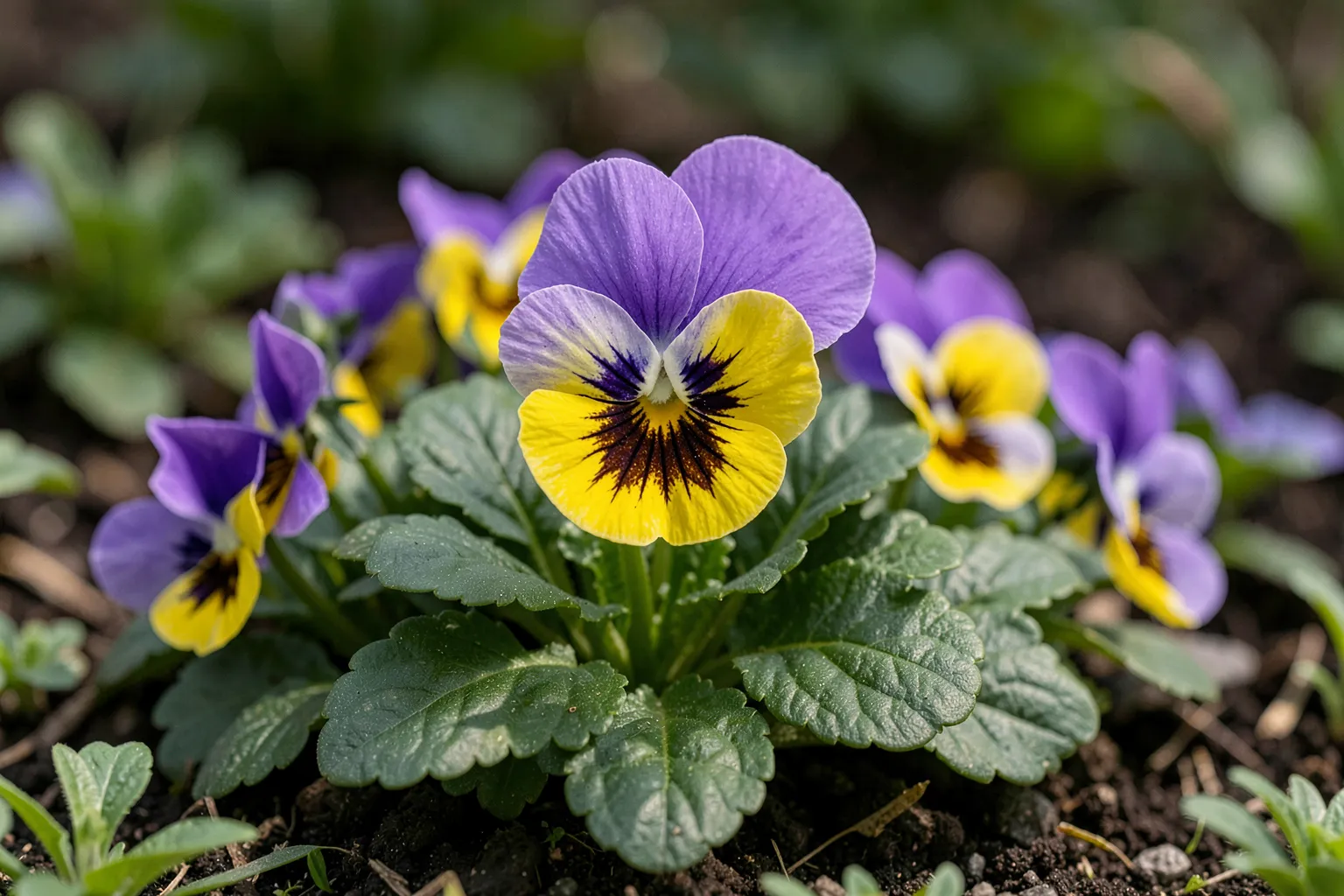 Mačeha (Viola × wittrockiana) — ponazoritev rastline — AI prikaz, ustvarila umetna inteligenca.
