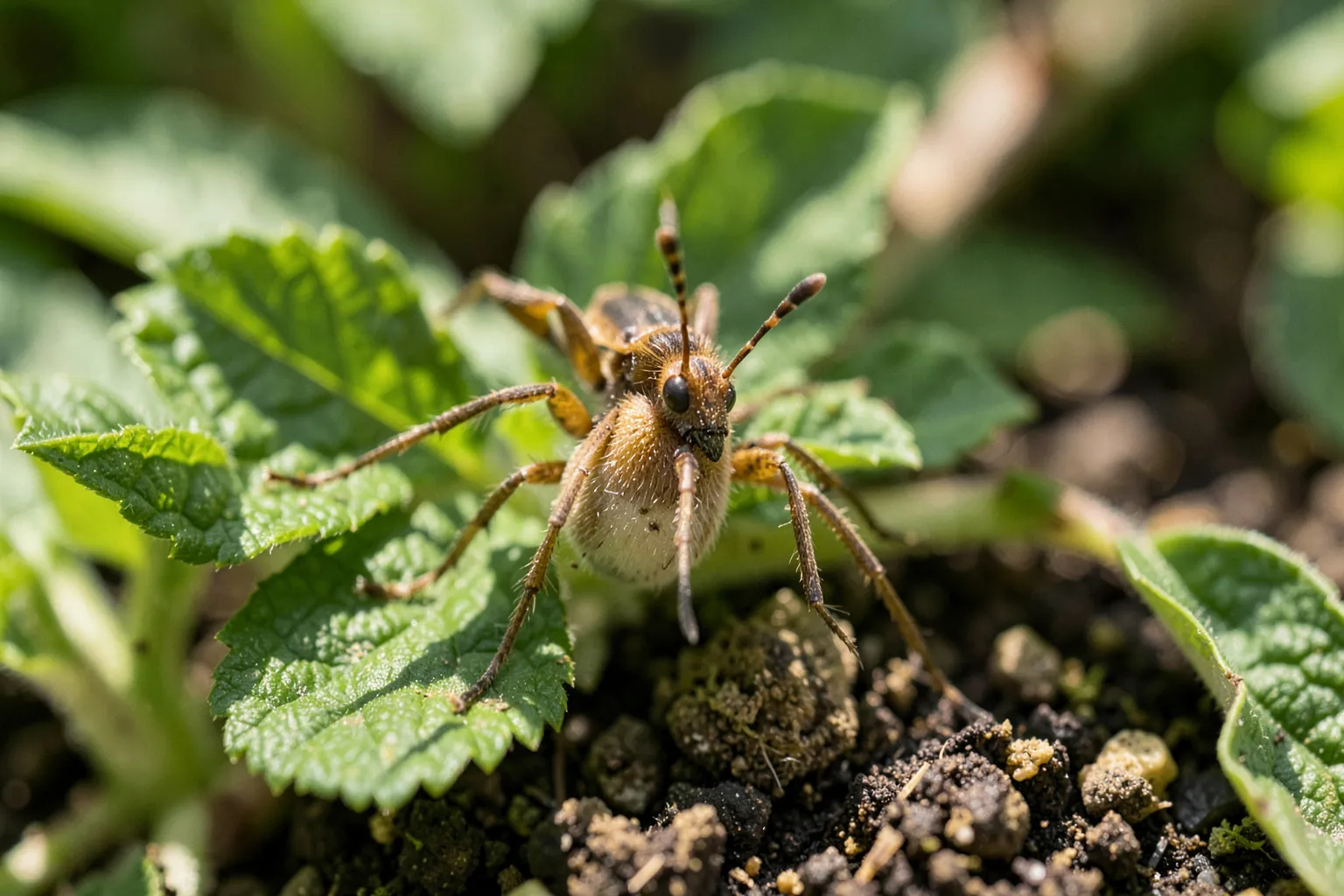 Malinov hrošč (Byturus tomentosus) — ponazoritev organizma v vrtnem okolju — ilustrativni AI prikaz, ni zanesljiva diagnostična fotografija; ustvarila umetna inteligenca.