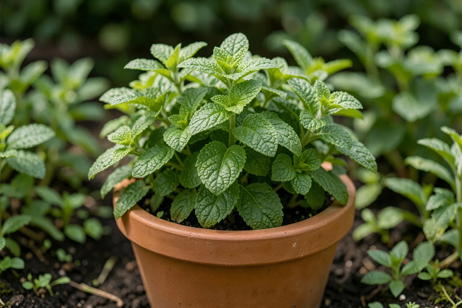 Meta (Mentha spicata) — ponazoritev rastline — AI prikaz, ustvarila umetna inteligenca.