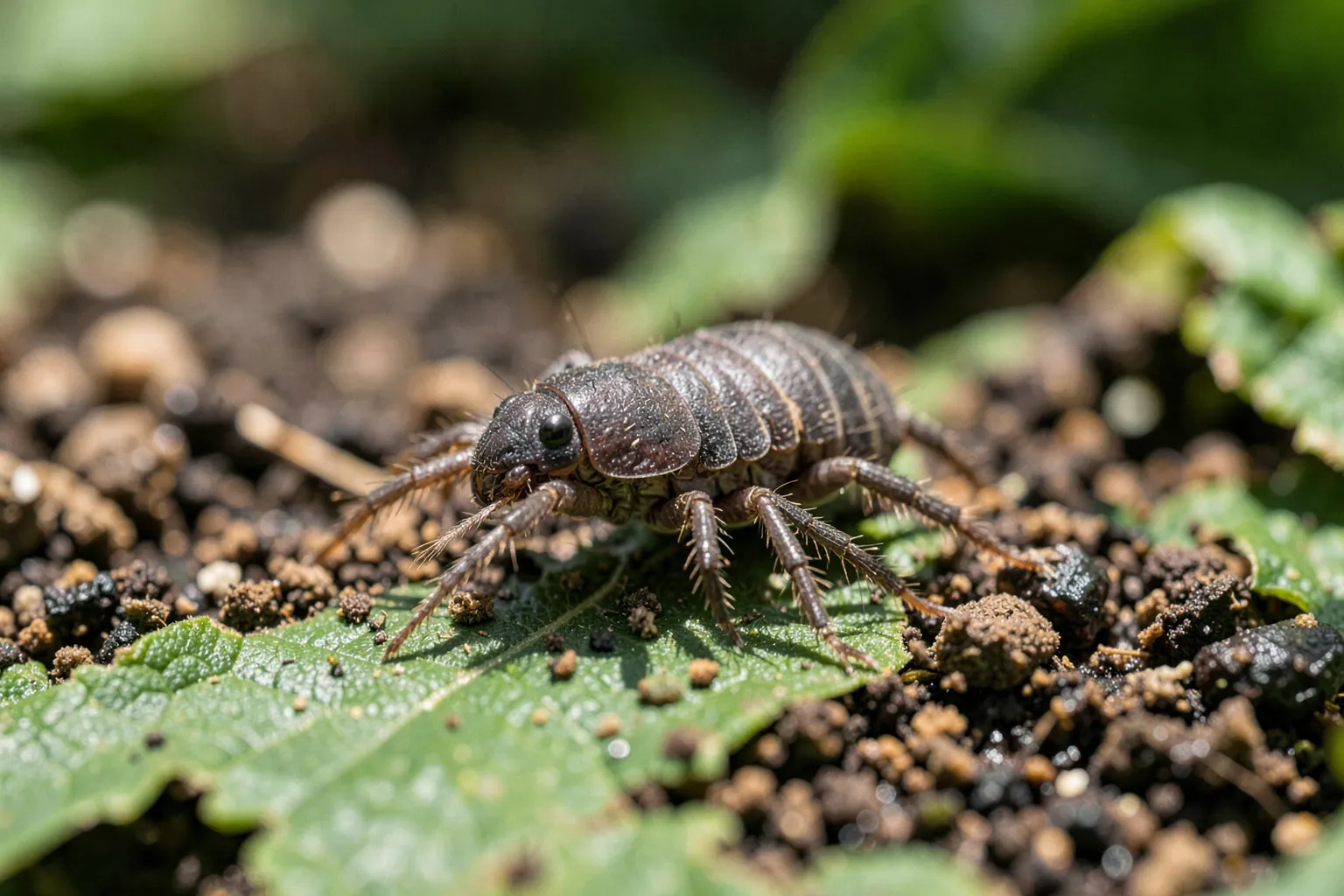 Mokrice (Porcellio scaber, Oniscus asellus) — ponazoritev organizma v vrtnem okolju — ilustrativni AI prikaz, ni zanesljiva diagnostična fotografija; ustvarila umetna inteligenca.
