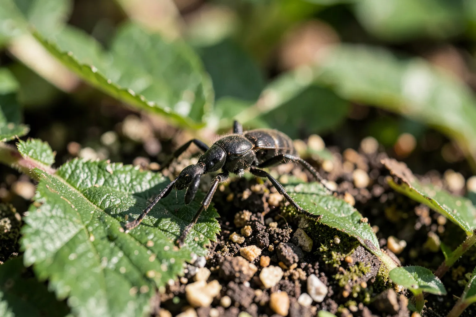 Mravlje (Formicidae) — ponazoritev organizma v vrtnem okolju — ilustrativni AI prikaz, ni zanesljiva diagnostična fotografija; ustvarila umetna inteligenca.