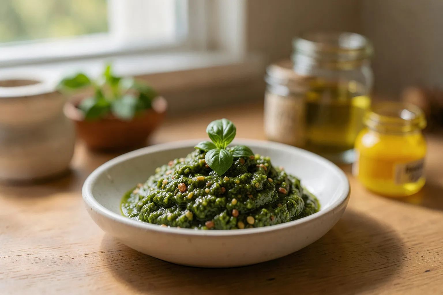 Bazilikino pesto — ponazoritev pripravljene jedi oziroma pridelka — AI prikaz, ustvarila umetna inteligenca.