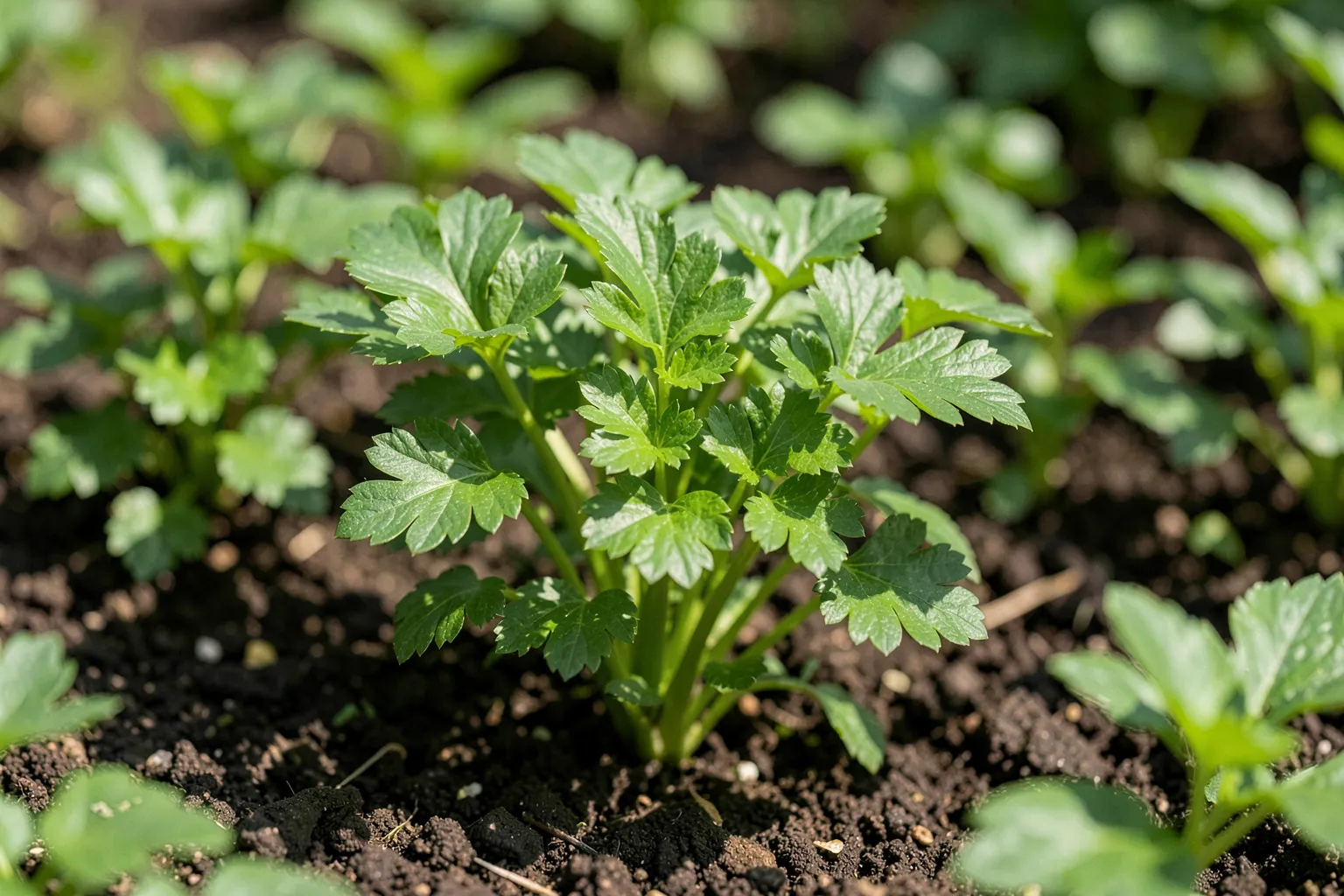 Peteršilj (Petroselinum crispum) — ponazoritev rastline — AI prikaz, ustvarila umetna inteligenca.