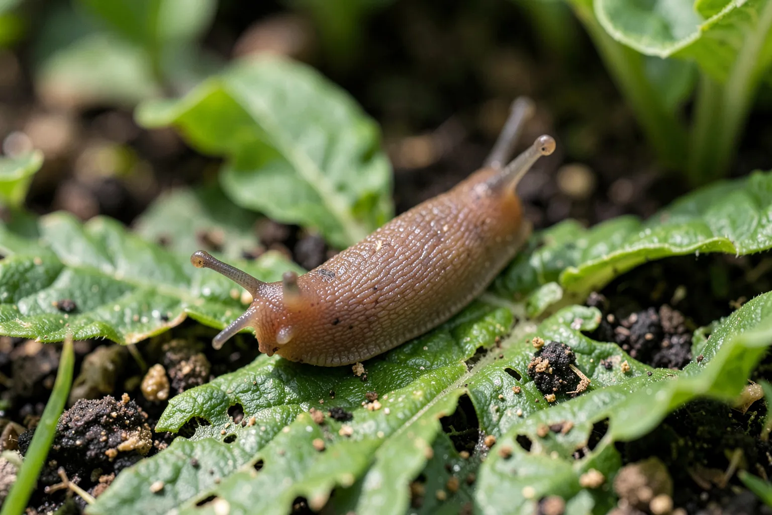 Polži (Gastropoda) — ponazoritev organizma v vrtnem okolju — ilustrativni AI prikaz, ni zanesljiva diagnostična fotografija; ustvarila umetna inteligenca.
