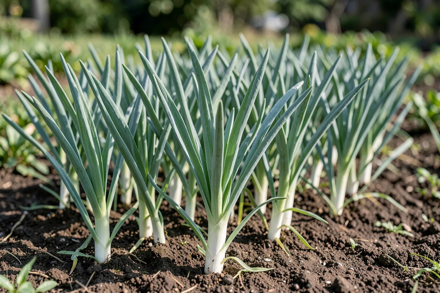 Por (Allium porrum) — ponazoritev rastline — AI prikaz, ustvarila umetna inteligenca.