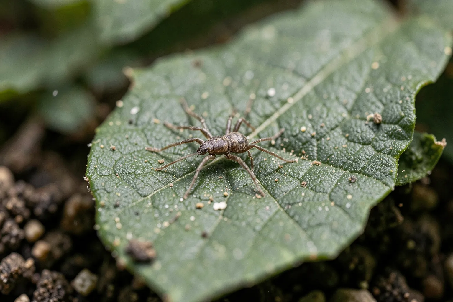 Pršice (Tetranychidae) — ponazoritev organizma v vrtnem okolju — ilustrativni AI prikaz, ni zanesljiva diagnostična fotografija; ustvarila umetna inteligenca.