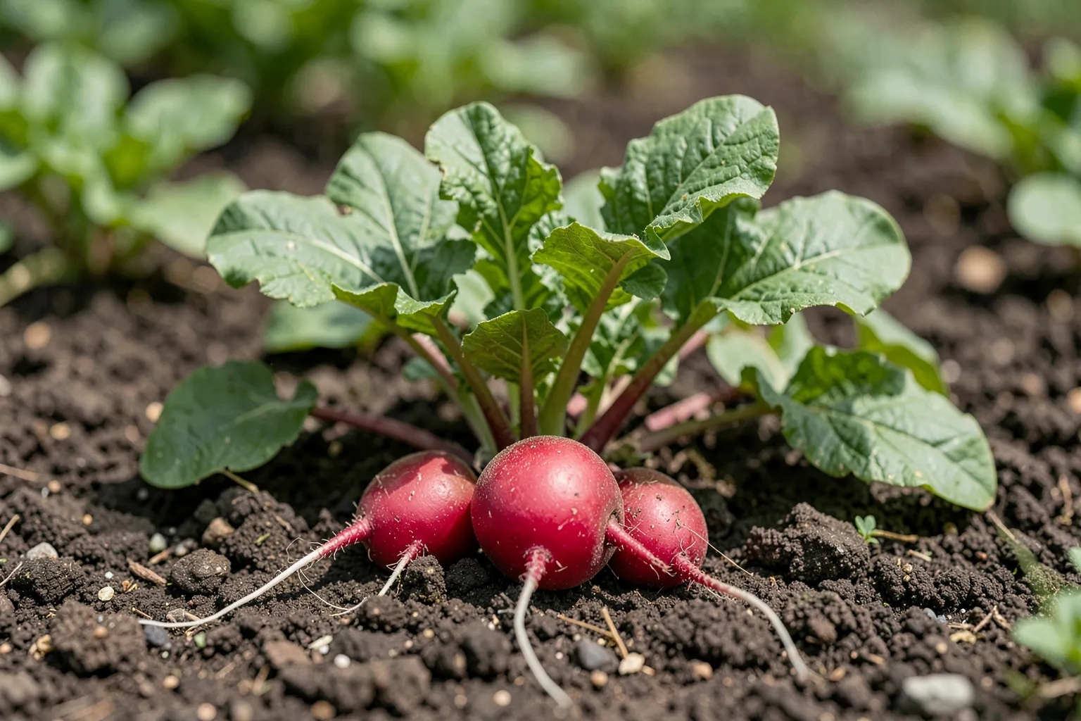 Redkvica (Raphanus sativus) — ponazoritev rastline — AI prikaz, ustvarila umetna inteligenca.