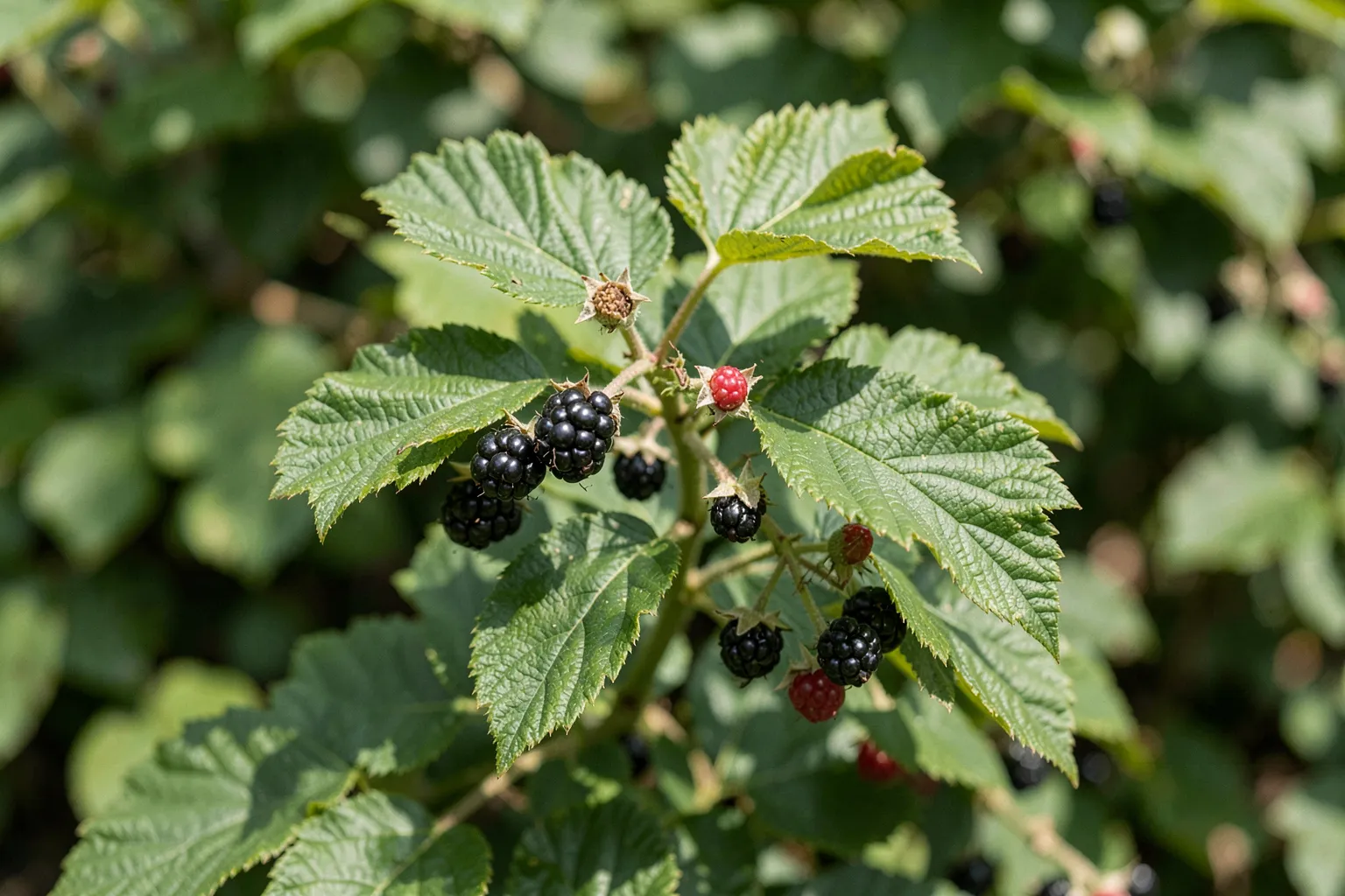Robida (Rubus fruticosus) — ponazoritev rastline — AI prikaz, ustvarila umetna inteligenca.