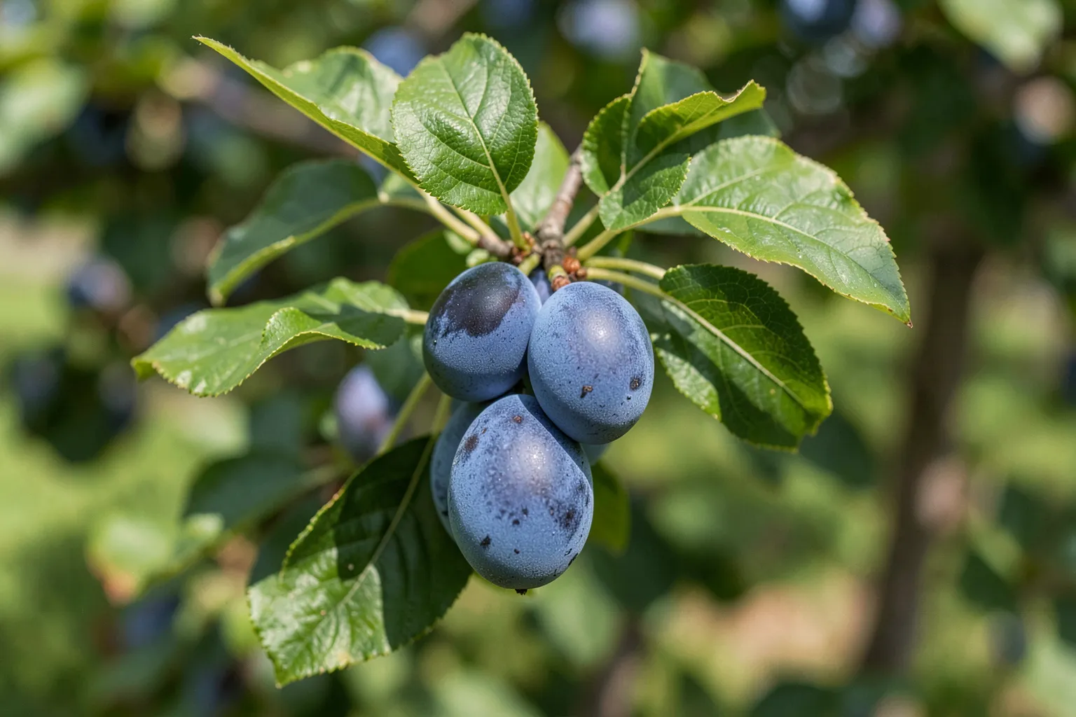 Sliva (Prunus domestica) — ponazoritev rastline — AI prikaz, ustvarila umetna inteligenca.
