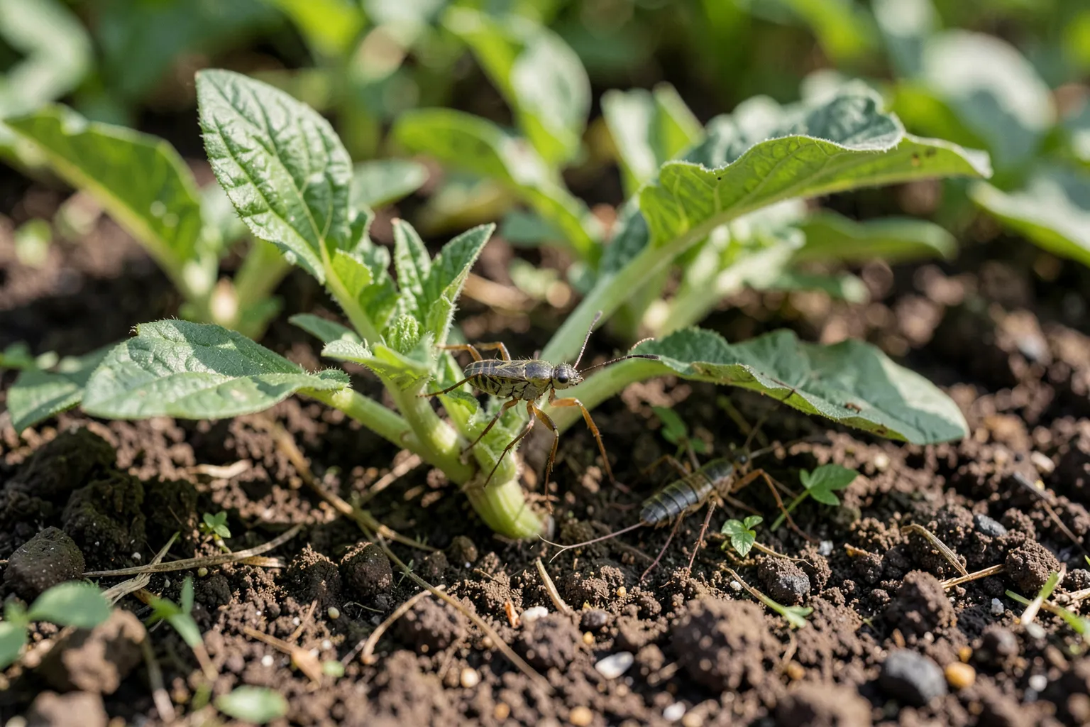 Gosenice sovk (obrezkarice) (Agrotis segetum, Agrotis ipsilon) — ponazoritev organizma v vrtnem okolju — ilustrativni AI prikaz, ni zanesljiva diagnostična fotografija; ustvarila umetna inteligenca.