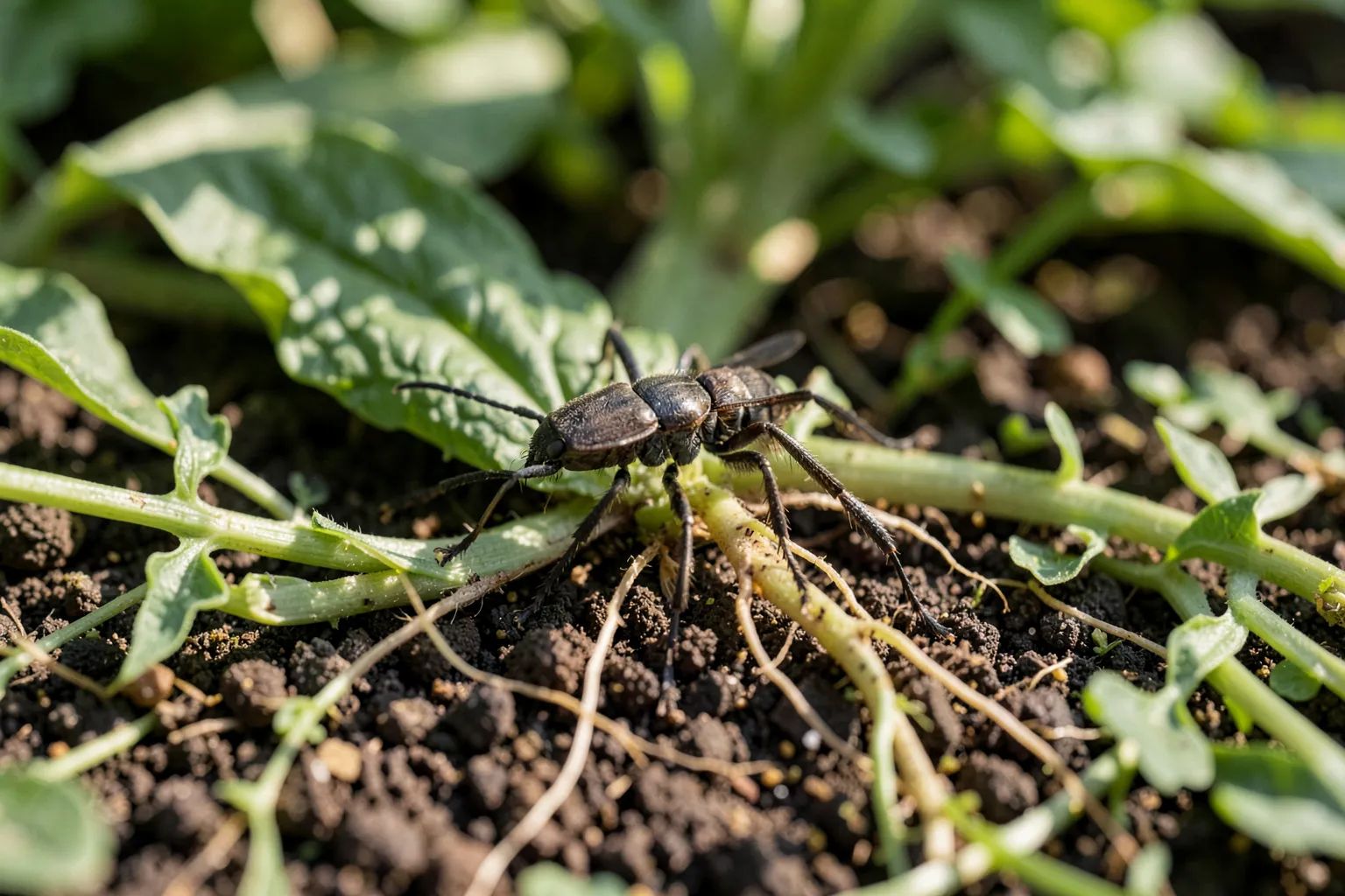 Strune (Agriotes spp.) — ponazoritev organizma v vrtnem okolju — ilustrativni AI prikaz, ni zanesljiva diagnostična fotografija; ustvarila umetna inteligenca.