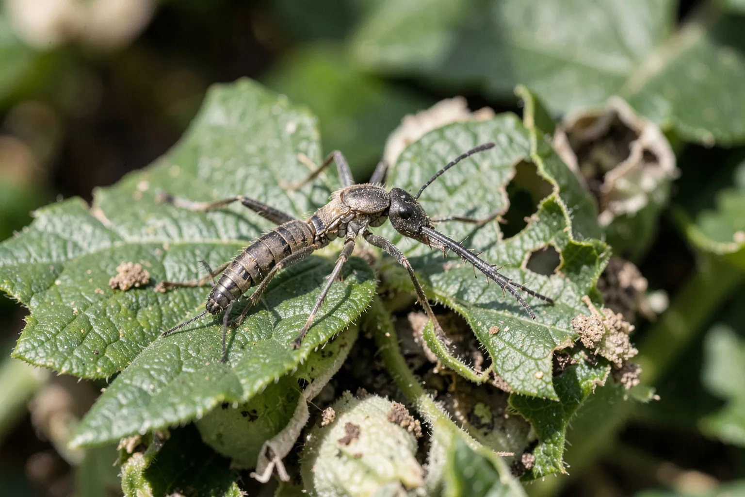 Tripsi (Thysanoptera) — ponazoritev organizma v vrtnem okolju — ilustrativni AI prikaz, ni zanesljiva diagnostična fotografija; ustvarila umetna inteligenca.