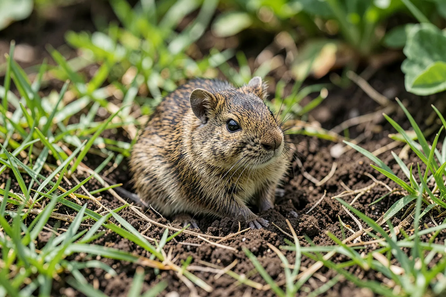 Voluhar (Microtus spp.) — ponazoritev organizma v vrtnem okolju — ilustrativni AI prikaz, ni zanesljiva diagnostična fotografija; ustvarila umetna inteligenca.