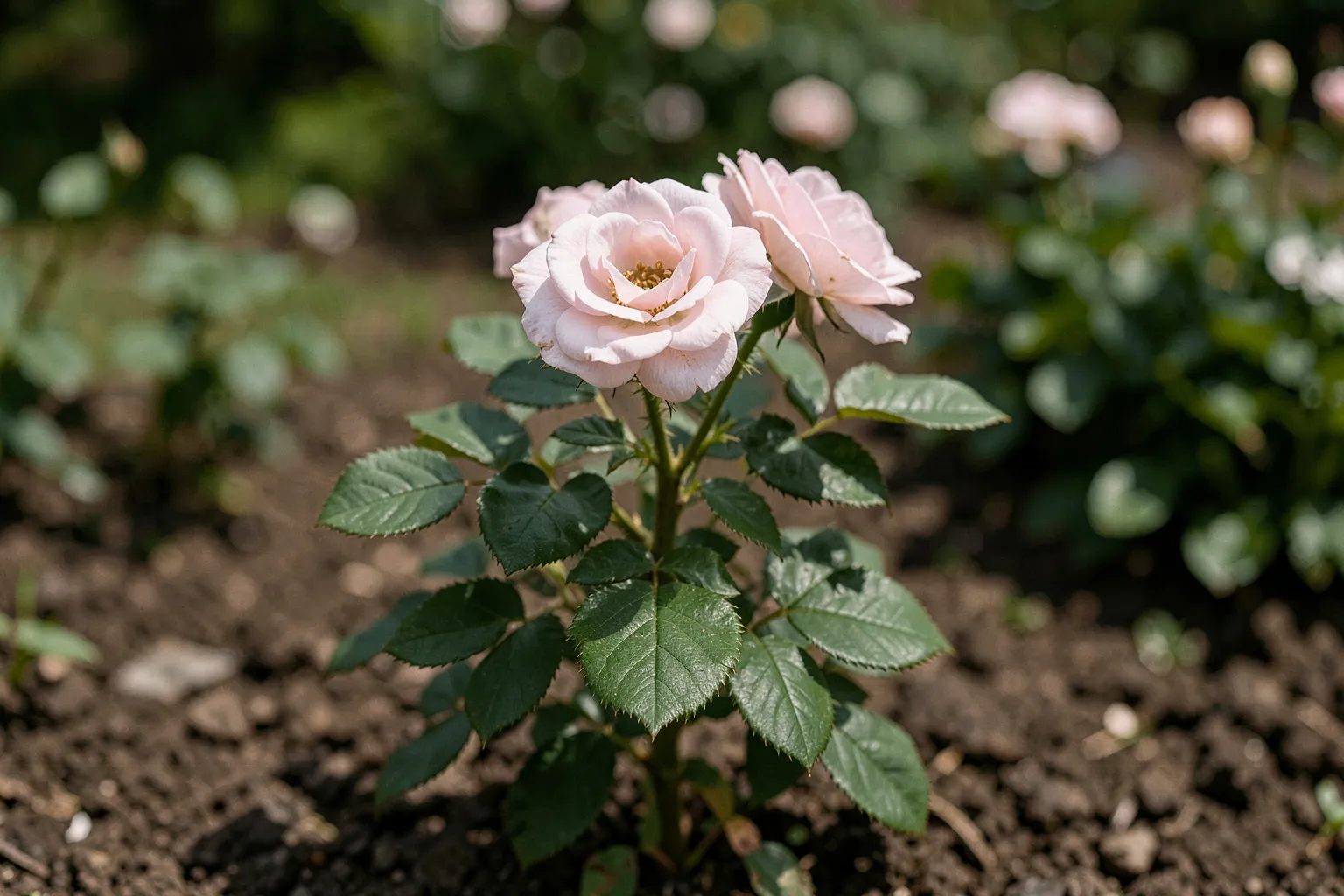 Vrtnica (Rosa spp.) — ponazoritev rastline — AI prikaz, ustvarila umetna inteligenca.