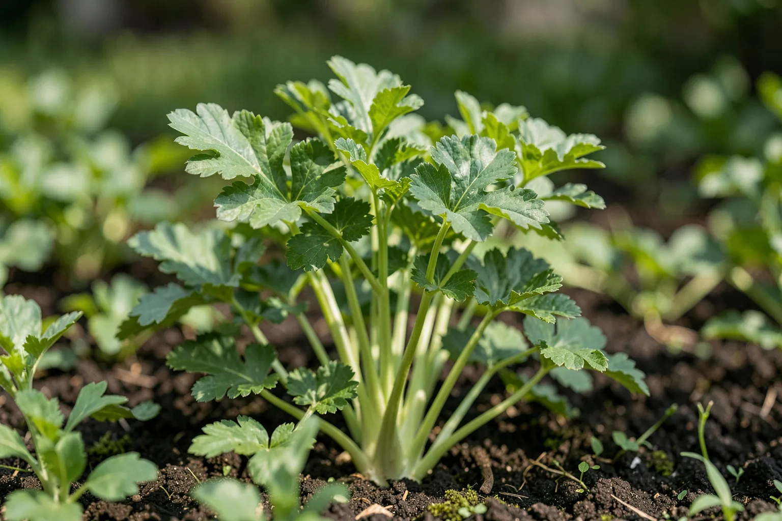 Zelena (Apium graveolens) — ponazoritev rastline — AI prikaz, ustvarila umetna inteligenca.